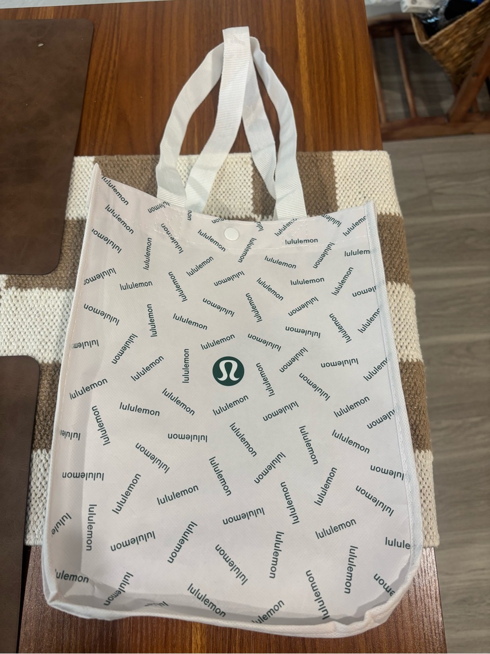 lululemon white reusable small tote with green logo